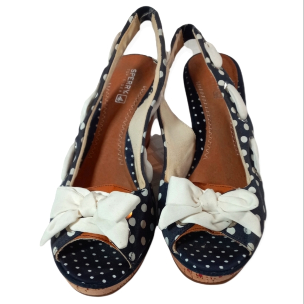 Sperry Navy & White Polka-dot Canvas Wedges Sz 8M